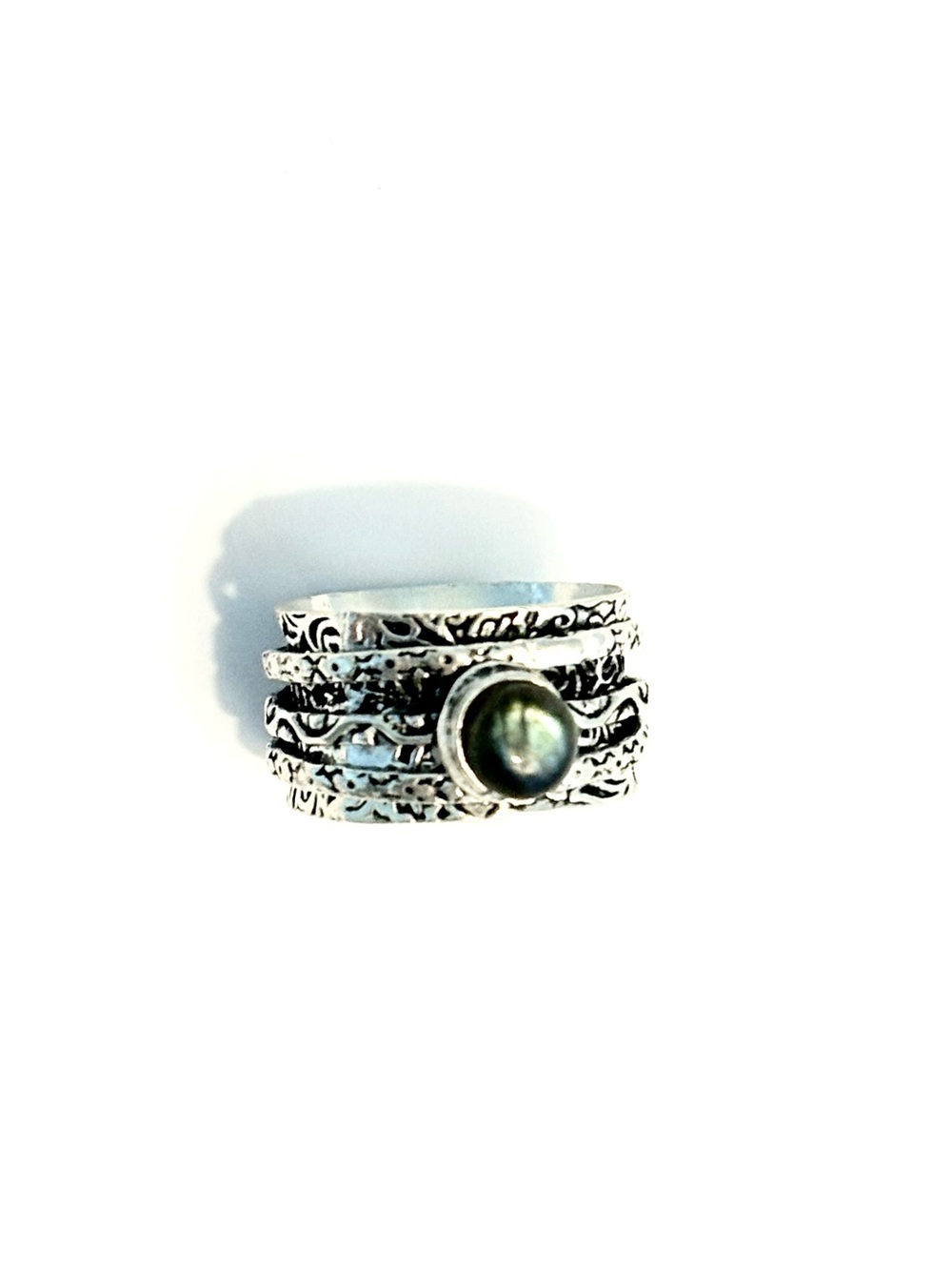 Beautiful, 3 band, Labradorite , silver spin ring  size 6 1/2.